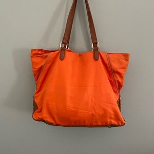 Steve Madden Orange Nylon, leather handles. 12Hx16W. My closet.